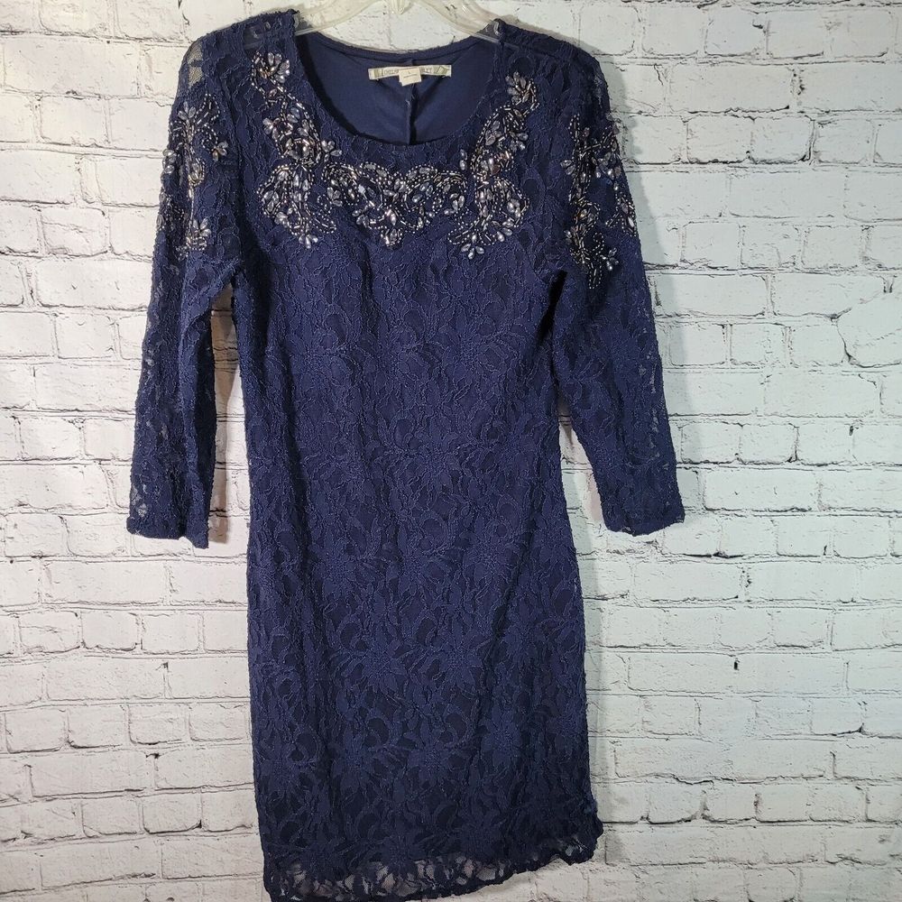 Chelsea & Violet Lace Sheath Dress Women L Navy Blue Excellent‎ Beaded Sequin